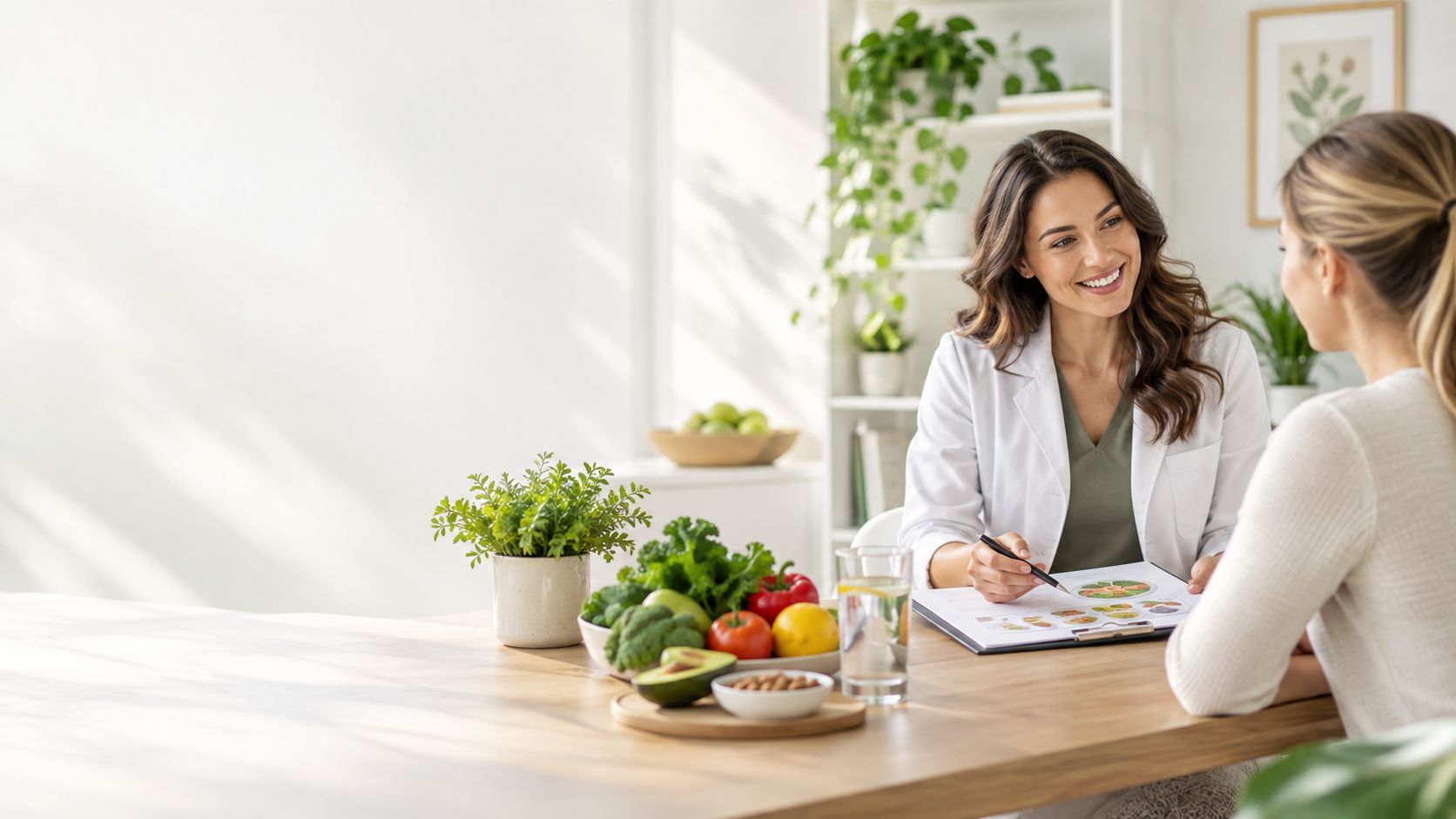 Médica nutricionista a elaborar um plano alimentar com um paciente